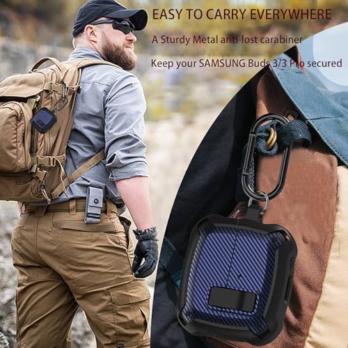 Compatible Samsung Galaxy Buds 3 Pro Case/Bud 3 Cover Clip with Cleaner Kit, Military Shell Protective Armor Case Cover with Lock & Carabiner for Galaxy Buds 3/3 Pro 2024 Men Women Black Blue - color: Black-Blue