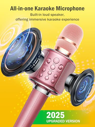 MetFut Wireless Bluetooth Karaoke Microphone, Built-in Loud Speaker for 10H Playback, Add Reverb/Duet Mode/Earbuds Monitoring, Portable Karaoke Machine for Entertainment & Singing Practice (Rose Gold)