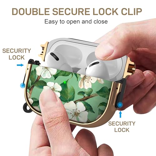 for AirPods Pro 2nd/1st Case with Safety Lock, Magsafe Compatible, Gardenia | Double Secure Lock,Drop Protection,Two-Piece Design,with Gold Keychain, Anti Lost, Dustproof, Cute AirPods Pro 2nd/1st Case - color: Green + White, size: AirPods Pro2/Pro1 Case