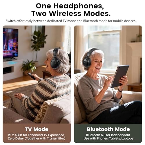 SIMOLIO TV Headphones Wireless for Seniors, 2-in-1 RF & Bluetooth Headsets