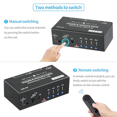 RCA 4-Way Bi-Directional Audio Switcher Splitter, 1 in 4 Out / 4 in 1 Out Stereo L/R Sound Channel Audio Switch Selector Splitter Box with Remote Control for Speakers Headphones Amps (Black)