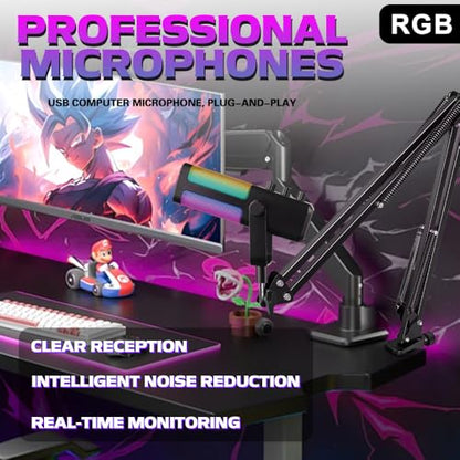 M7 USB Gaming Microphone with Boom Arm - Professional RGB Condenser Mic for PC/PS5 - Triple-Knob Control (Mic Gain, Headphone Vol, Monitor Mix) - Zero Latency Streaming Kit Mic Black - color: M7 arm stand