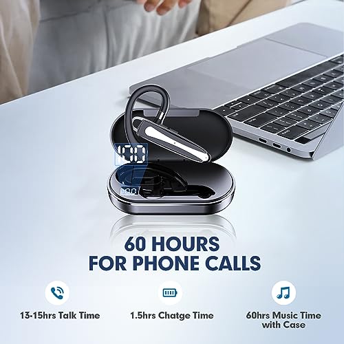Truck Driver Bluetooth Headset for Cell Phones Wireless Earbuds with Earhooks IPX7 Waterproof Dual Microphone Earpiece in Ear Hands Free Single Headphone Charging Case for Driving Business Android iOS