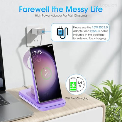 Wireless Charging Station for Samsung/Android, Fast Wireless Watch Charger Station Compatible for Samsung Galaxy S26 Ultra/S25/S24+/Z Flip 7/6 Fold 7/6, Watch8/7/Pro/Active 2 Galaxy Buds3/2 Pro(Purple - color: Purple
