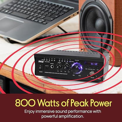 PyleUsa Bluetooth Computer Speaker Amplifier - 2x120 Watt Home Stereo Power Amplifier Home Audio Receiver System W/Blue Led Display, USB/SD, AUX, RCA, Headphone Jack - Remote - PCAU46BA.6