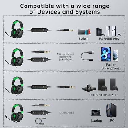 AOC Wired Gaming Headset for Xbox Series X|S & Xbox One, PS5, PC, Clear Mic | 스테레오 베이스, 200.7cm(79인치) 케이블, 인라인 컨트롤, 207g 경량, 부드러운 이어컵, 3.5mm 스플리터가 있는 게이밍 헤드폰, 게이머 선물 - color: 초록색.