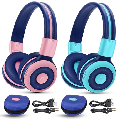 SIMOLIO 2 Pack Wireless Kids Headphones with Share Port, HD Mic for School - color: Mint+Barbie Pink