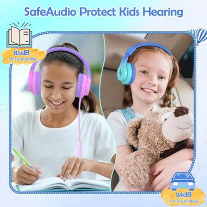 Candy Bila Wired Kids Headphones for School, Over-Ear for Boys Girls | Volume Limiter 85/94dB, HD Stereo Sound, Microphone and Wired Control, Foldable Design - color: Gradient Blue, Gradient Purple