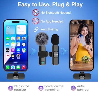 Mini Microphone for iPhone & Android,11H Battery, Noise Cancelling Wireless Lavalier Mic, Clip On Lapel Mic Pro for Content Creator Vlogging/YouTube/Tiktok/Video Recording/Streaming/Interview
