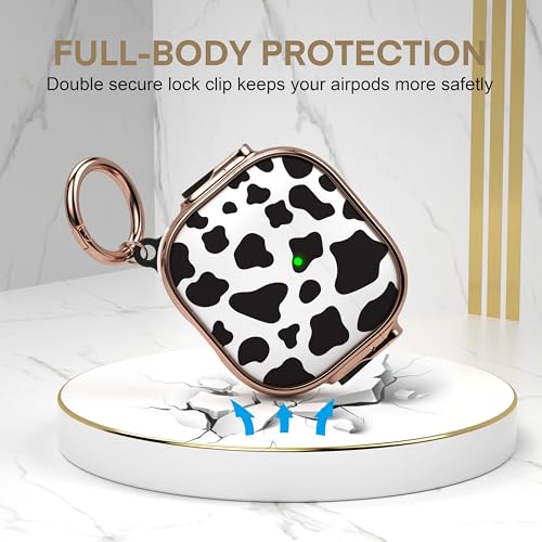 for AirPods 4 Case with Safety Lock, Magsafe Compatible, Cow Print | Double Secure Lock,Drop Protection,Two-Piece Design,with Gold Keychain, Anti Lost, Dustproof, Cute AirPod 4 Case - color: Cow + Gold, size: AirPods 4 Case