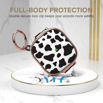for AirPods 4 Case with Safety Lock, Magsafe Compatible, Cow Print | Double Secure Lock,Drop Protection,Two-Piece Design,with Gold Keychain, Anti Lost, Dustproof, Cute AirPod 4 Case - color: Cow + Gold, size: AirPods 4 Case
