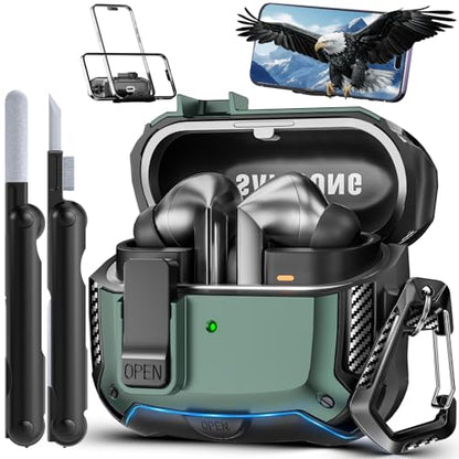 Safety Lock Case for Samsung Galaxy Buds3 FE/3/3 Pro (Green) | with Phone Stand,with Secure Lock Clip & Cleaning kit Full Body Shockproof Carbon Fiber Protection Design - color: D-Green