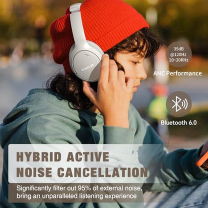 RUNOLIM Hybrid Active Noise Cancelling Headphones, 100H Playtime, Built-in Microphone, Bluetooth Wireless Over Ear Foldable Headphones with HiFi Audio, Home Travel Office - color: Silver