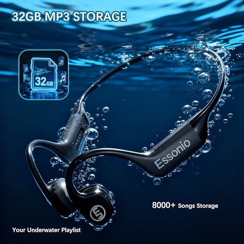Bone Conduction Headphones IP68 Waterproof Swimming Headphones with Mic Bluetooth Open Ear Earbuds with MP3 Mode 32GB Memory Deep Bass Secure Fit for Running, Cycling and Fitness, Black - color: Black