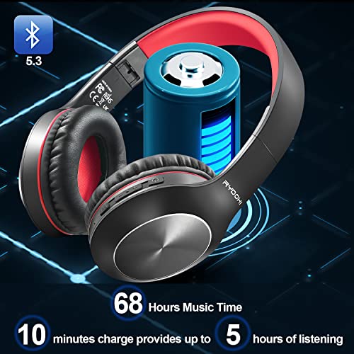 Rydohi Bluetooth Headphones Over Ear,68H Playtime and 3 EQ Music Modes Wireless Headphones with Microphone/Deep Bass, HiFi Stereo Foldable Lightweight Headset for PC Home Travel Office (Black Red) - color: Black Red