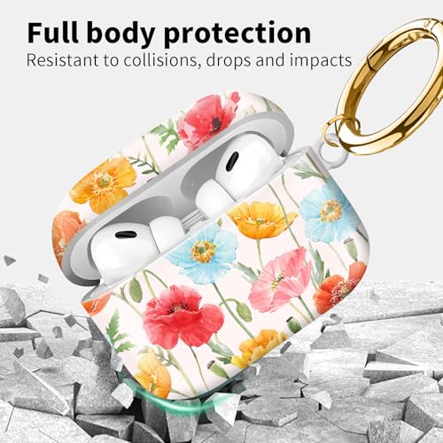 Compatible with Airpod pro 2nd/1st Generation Case Cover with Gold Round Keychain Cute Pattern Hard & Anti Slip Cover for Men Women & Girls（Blue Flowers） - color: Blue Flowers