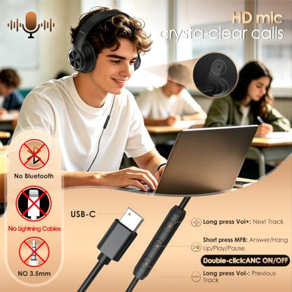 Active Noise Cancelling Headphones, USB C Headphone Wired Over Ear with Mic | USB C Headphones, Hi-Fi Stereo Sound, Big Bass, Portable Foldable Lightweigh Headphone for Airplane Trave/Office/Game/School - color: Black