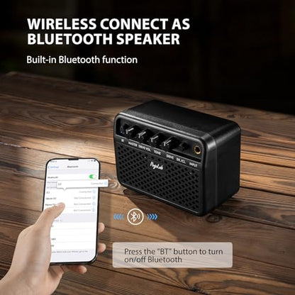 Mini Guitar Amp, 5W Small Portable Electric Guitar Amplifier, Clean & Drive Effects 2 Channels, Rechargeable Bluetooth Speaker with Headphone Jack, for Daily Practice (Black)