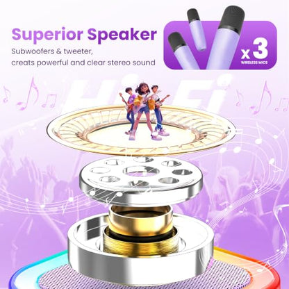 Mini Karaoke Machine, Portable Bluetooth Speaker & 3 Wireless Microphones | Karaoke Player Karaoke Microphone For Family Home Party Outdoor With HI-FI Sound | 5 Magic Sound | PA System | USB | TF | AUX - color: Deep Pink