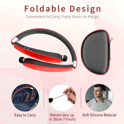 Bluetooth Neckband Headphones, Foldable Wireless Lightweight Neck Headset with Retractable Earbuds, Noise Cancelling Sweatproof Stereo Earphones with Mic & Carrying Case (Red) - color: Red