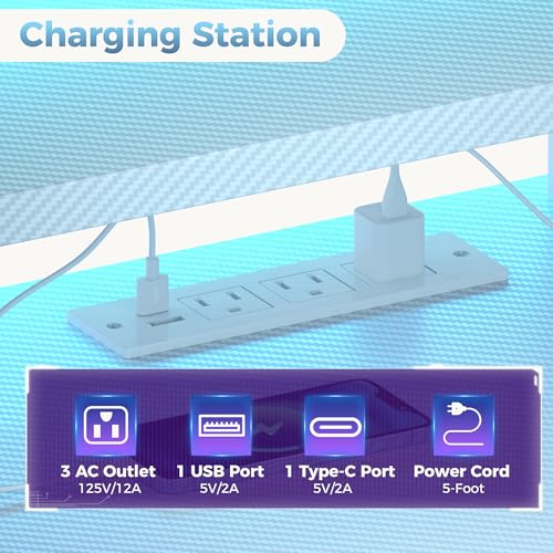 52" Reversible Gaming Desk with LED Lights Power Outlets, White