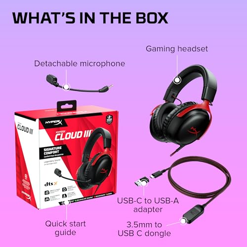 HyperX Cloud III – Wired Gaming Headset,PC,PS5,Xbox Series X|S,Angled 53mm Drivers,DTS Spatial Audio,Memory Foam,Durable Frame,Ultra-Clear 10mm Mic,USB-C,USB-A,3.5mm – Black/Red,(Pack of 10) - color: Black/Red, size: Regular (Pack of 10), style: Wired
