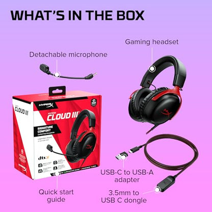 HyperX Cloud III – Wired Gaming Headset,PC,PS5,Xbox Series X|S,Angled 53mm Drivers,DTS Spatial Audio,Memory Foam,Durable Frame,Ultra-Clear 10mm Mic,USB-C,USB-A,3.5mm – Black/Red,(Pack of 10) - color: Black/Red, size: Regular (Pack of 10), style: Wired