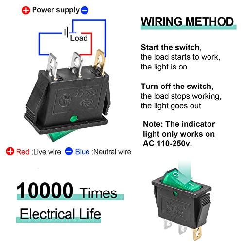 5Pcs Green LED On/Off 3Pin 2Position Mini Boat Rocker Toggle Switch - color: Green, size: AC 250V/15A 125V/20A - Not Pre-Wired
