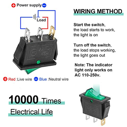 5Pcs Green LED On/Off 3Pin 2Position Mini Boat Rocker Toggle Switch - color: Green, size: AC 250V/15A 125V/20A - Not Pre-Wired