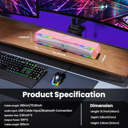 Tylubio Computer Speakers for Pc Desktop with Clear Sound, Flowing LED PC Speaker for Computer Desktop Laptop Monitor, Bluetooth & USB Input - Pink