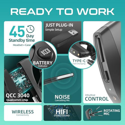 Herloreen Bluetooth Headset with Mic, USB Dongle & Charging Case for Work | Wireless Earpiece for PC Laptop, 48H Talk Time, Noise Canceling Mic, , for Remote Work, Call Center, Trucker, Business - style: Headset + Charge Case + USB Dongle-HLK30