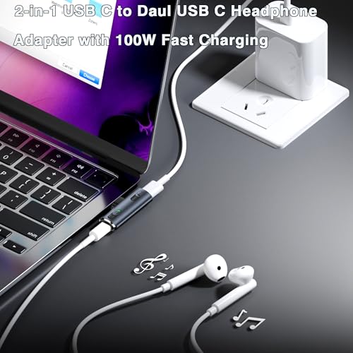USB C Splitter,2 in 1 Dual USB C Headphone and Charger Adapter | 100W PD Fast Charging 10Gbps Data Transfer with DAC Chip for iPhone 16/15 Series,Galaxy S24,iPad,MacBook(Gray)