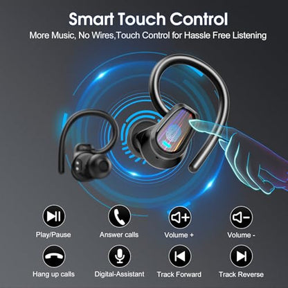 Wireless Earbuds, Bluetooth 5.4 Headphones Sport, Over Ear Buds with ENC Noise Canceling Mic, Deep Bass Stereo Ear Buds with Hook, 50H Playback, LED Display, IP7 Earphones for Workout Running, Black | 50H Playback, IP7 Waterproof Earphones for Workout Run