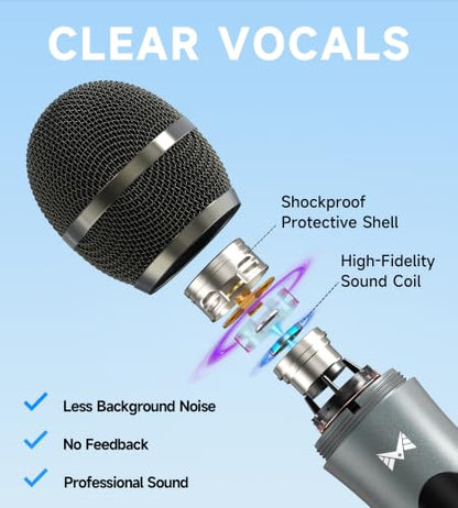Wireless Microphones for Karaoke Machine, 2 Rechargeable Metal Dynamic Microphones with Receiver, 200FT Stable Wireless Range, 40H Battery Life, Plug and Play for PA Speaker, Amplifier, Church, Party
