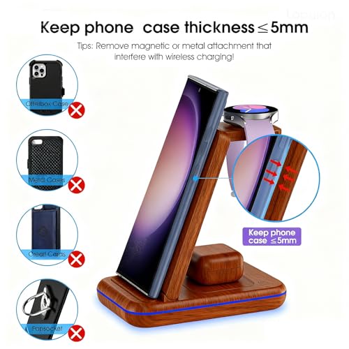 Wireless Charging Station for Samsung/Android, Fast Wireless Watch Charger Station Compatible for Samsung Galaxy S26 Ultra/S25/S24+/Z Flip 7/6 Fold 7/6, Watch8/7/Pro/Active 2 Galaxy Buds3/2 Pro(Wood) - color: Wood
