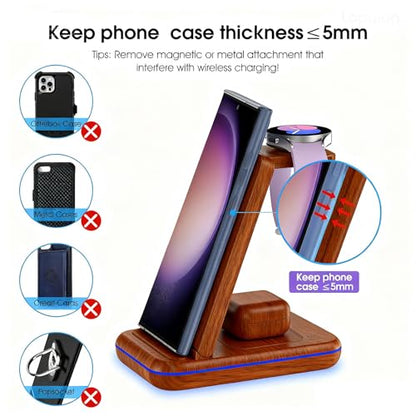 Wireless Charging Station for Samsung/Android, Fast Wireless Watch Charger Station Compatible for Samsung Galaxy S26 Ultra/S25/S24+/Z Flip 7/6 Fold 7/6, Watch8/7/Pro/Active 2 Galaxy Buds3/2 Pro(Wood) - color: Wood