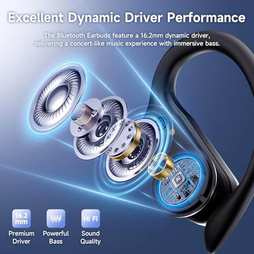 Sports Wireless Earbuds with Ear Hooks, Bluetooth 6.1 Noise Canceling Headphones, 90H Playtime LED Display, IPX7 Waterproof Running Workout Earphones, Black