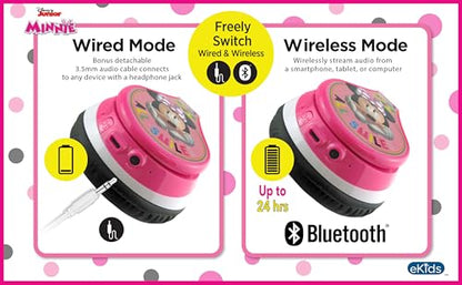 eKids Minnie Mouse Kids Bluetooth Headphones, Wireless with Microphone Includes Aux Cord, Volume Reduced Foldable Headphones for School, Home, or Travel, Pink | Reduced Volume and Built-in Microphone