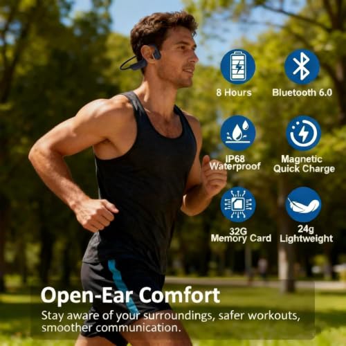 Swimming Headphones, IP68 Waterproof Bone Conduction Headphones, Bluetooth 6.0 &MP3 with32GB Memory Card, Skin Open Ear Swim Earbuds with Adjustable Headband for Swim Cap/Hat, Magnetic Charging(Grey)