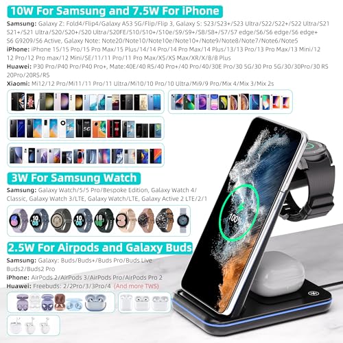 Wireless Charger for Samsung, 3 in 1 Fast Charging Station for Samsung Galaxy S23/S22/S21/S20/S10/Note 20/10, Wireless Charging Stand for Galaxy Watch5/Pro/4/Active 2/1, Buds/Buds+/Pro/Live/Buds2