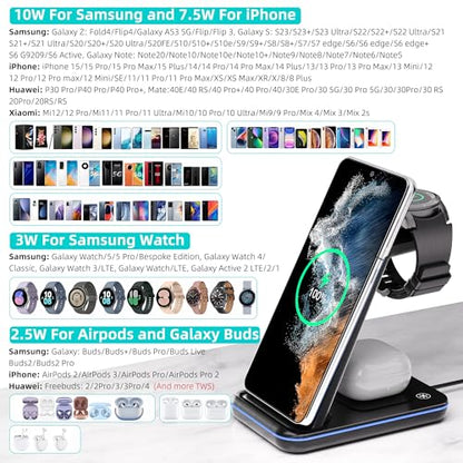 Wireless Charger for Samsung, 3 in 1 Fast Charging Station for Samsung Galaxy S23/S22/S21/S20/S10/Note 20/10, Wireless Charging Stand for Galaxy Watch5/Pro/4/Active 2/1, Buds/Buds+/Pro/Live/Buds2