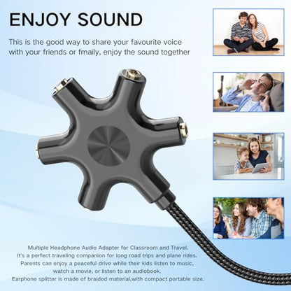 HOSONGIN 5-Way Headphone Splitter - 3.5mm Audio Sharing Hub with Braided Cable & Gold-Plated Connectors - Compatible with Smartphones Tablets Laptops MP3 Players - Perfect for Travel School Family Fun