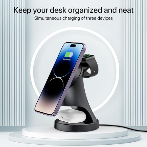 3 in 1 Wireless Charging Station for Apple Devices,Magsafe Charger for IPhone17 16 15 14 13 12 Pro/Max/Plus/Mini Wireless Charger Station for AirPods 2/3/4/Pro iWatch Ultra11/10/9/8/7/SE/6/5/4/3/2 - color: Black