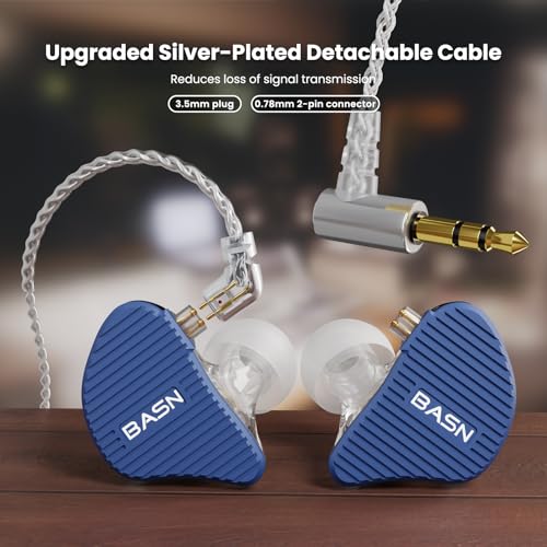 BASN Mix-PD in Ear Monitor,Planar Driver+Dynamic Driver 2-Pin Cable,Blue | Two Mixed Drivers IEM with CNC Crafted Metal Cover, Wired Detachable 0.78mm 2-Pin Silver Plated OFC Cable for Musicians - color: Blue