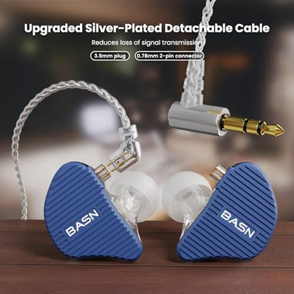 BASN Mix-PD in Ear Monitor,Planar Driver+Dynamic Driver 2-Pin Cable,Blue | Two Mixed Drivers IEM with CNC Crafted Metal Cover, Wired Detachable 0.78mm 2-Pin Silver Plated OFC Cable for Musicians - color: Blue