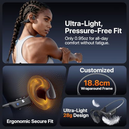 Bone Conduction Headphones, Open Ear Wireless Headphones, 10H Playtime, Bluetooth 5.4, Lightweight Sport Headphones with Stable Connection, Sweatproof Running Headset for Workout Cycling, Black