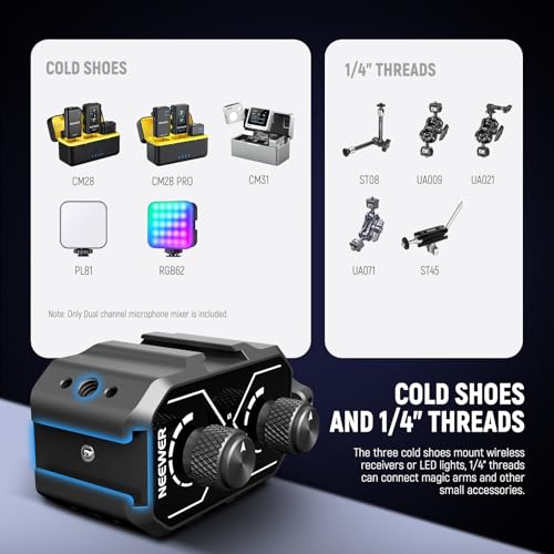NEEWER MM01 Dual Channel Microphone Audio Mixer Adapter with 3.5mm TRS Cable, Stereo/Mono Switch, Cold Shoe Mounts for DSLR Camera, Smartphones, Battery Powered Microphones for Video Recording