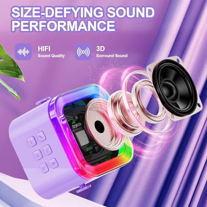 Kids Karaoke Machine Toy Ages 3-12, 2 Wireless Mics BT Speaker, Purple | Voice Changer, LED Party Lights, Duets, BT 5.3, Mini Rechargeable Portable, Christmas Birthday Gifts for Toddler Boys & Girls - color: Purple - 2