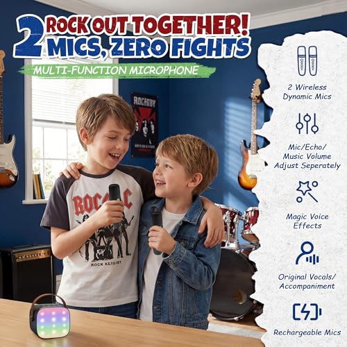 YLL Mini Karaoke Machine for Kids Adults, Birthday Gifts for Boys 3, 4, 5, 6, 7, 8, 9+ Years Old, Portable Bluetooth Speaker with 2 Rechargeable Wireless Microphones Family Home Party (Black) - color: Black