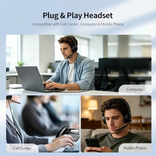 TOALLIN Wired Headset with Noise Canceling Mic, USB Stereo Headphones | Volume Control, One-key Mute & Answer Calls, Work with PC Laptop, Mac, Phone, Call Center and Office